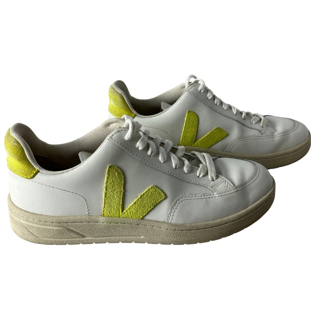Veja V-12 Leather Sneakers White Neon Yellow Low‎ Top Womens US 8
